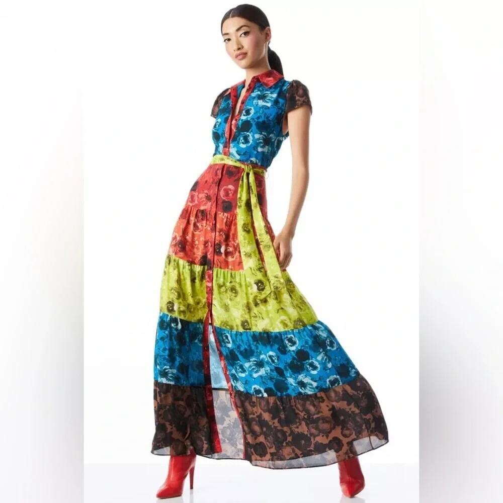NWOT ALICE + OLIVIA Miranda Tiered Collar Maxi Dress Size 2 Red Yellow #9G607